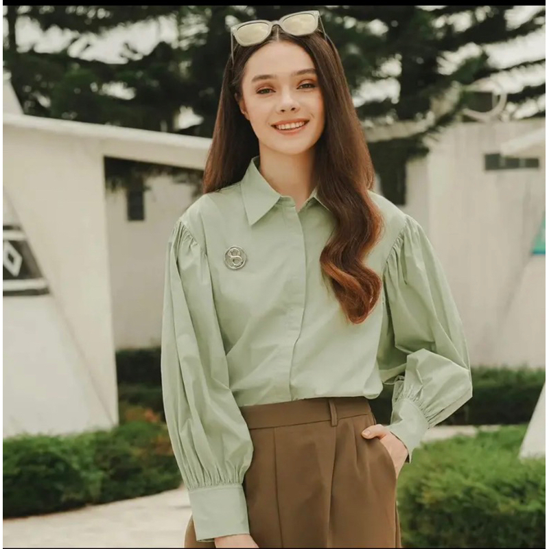 AMANDA SHIRT WITH PUFF SLEEVE - BENANG JARUM WHITE BROWN SAGE