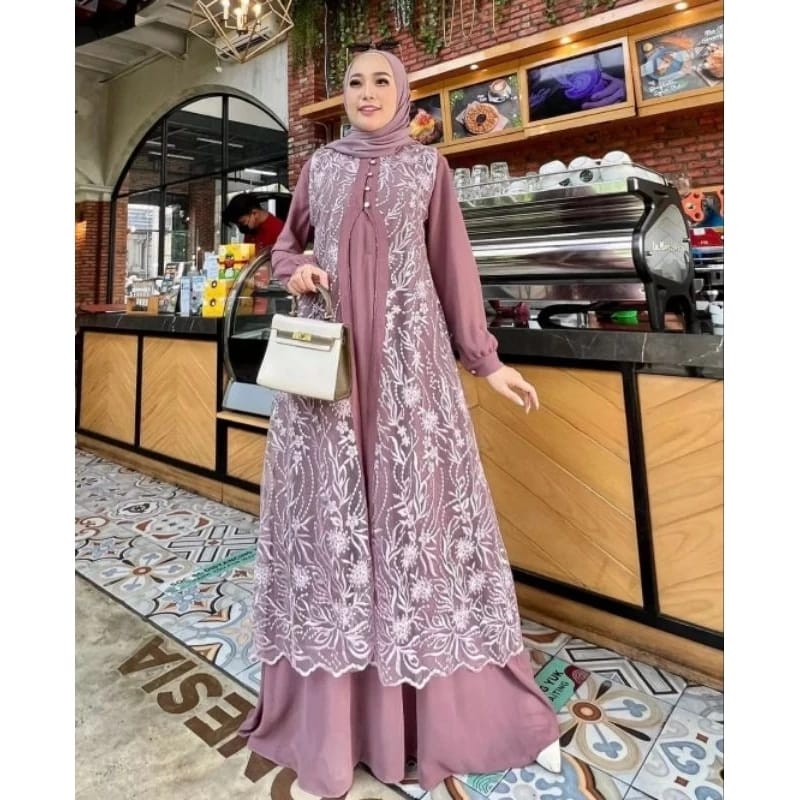kaisha_fashion Gamis Brokat Kondangan Mewah Modis Simple Elegan Bahan Cerutty Babydoll Dress Remaja