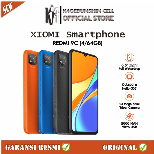 REDMI 9C RAM (3/32GB- 4/64GB), HELIO G35, BATERAI 5000 MAH GARANSI RESMI 100%