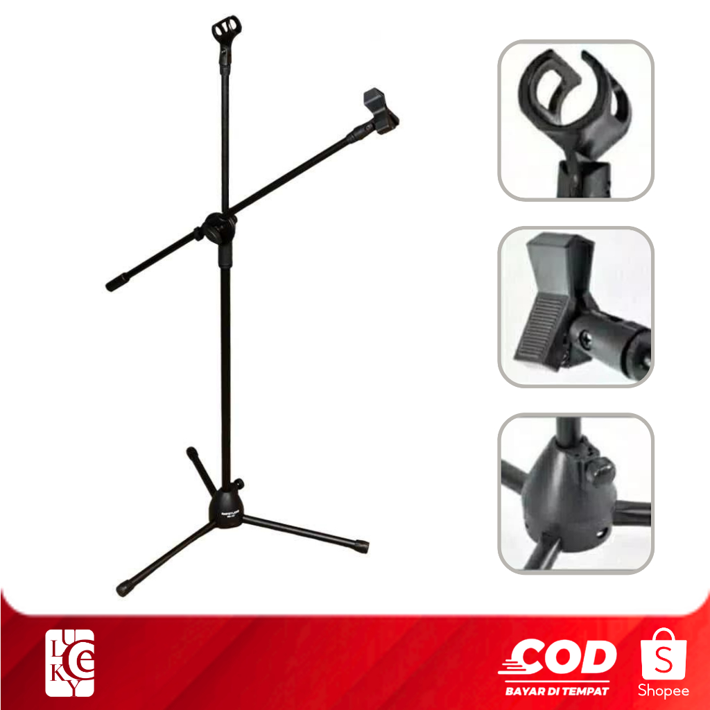 Stand Mic Berdiri Lantai Tiang Pegangan 2in1 Microphone + Holder Hp untuk Mimbar Khotbah Ceramah