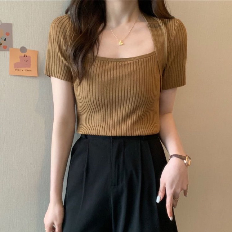 Atasan Rajut Lengan Pendek Wanita Square Neck Korea Style - Tshirt Rajut Lengan Pendek