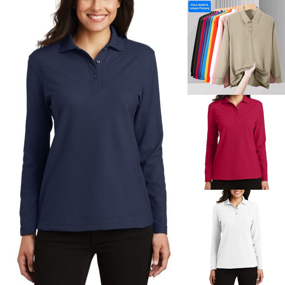 Baju Kaos Polo Kerah Wanita Lengan Panjang/Kaos Polos Wanita/Kos Seragam/Kaos Wanita Berkerah/Kaos W