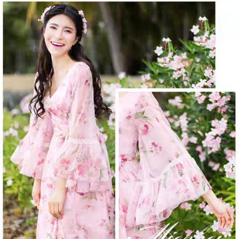 12815 Fashion Maxi long autfit ootd dress dres lengan panjang trompet bunga2 bunga bunga import mera