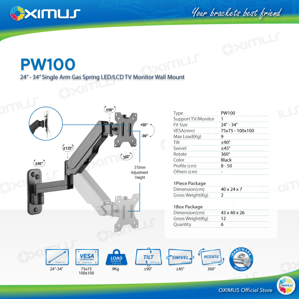 Bracket Monitor TV Wall Gas Spring Naik Turun 24" - 34" OXIMUS PW100