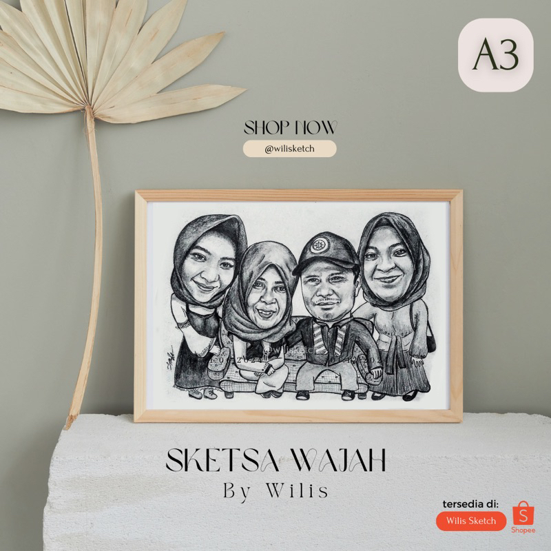 Sketsa / Gambar Wajah Realis & Karikatur ukuran A3 - Hitam Putih