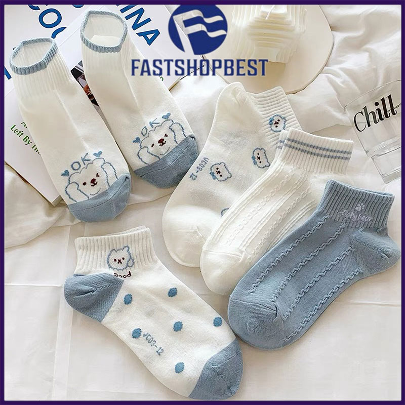 5PASANG  Kaos Kaki Pendek Bear Biru / Kaos Kaki Wanita Fashion Ala Korea / Kaos Kaki Beruang Biru Pu