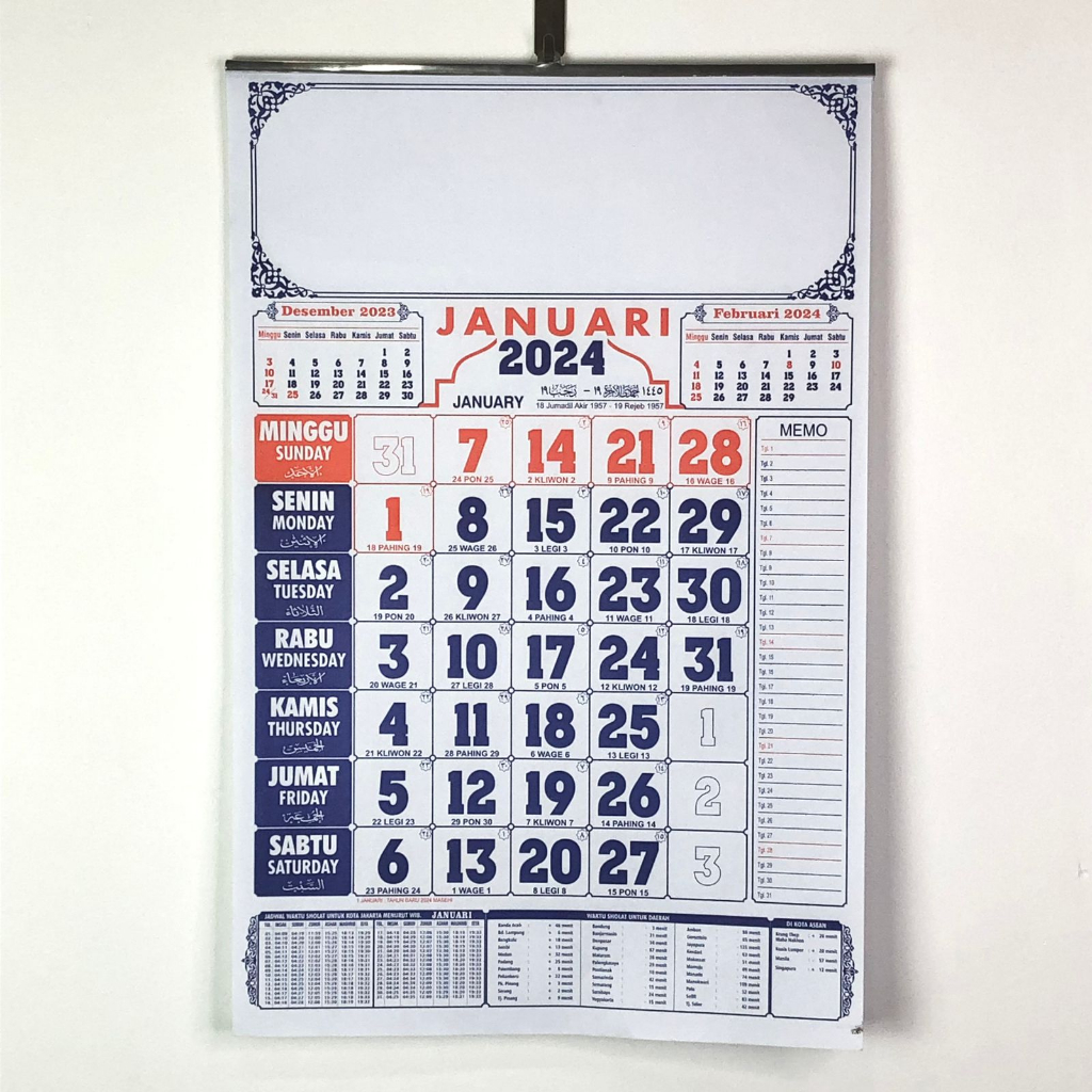 Kalender Dinding Lengkap tahun 2024 Lengkap Jadwal Sholat jabodetabek luar jawa Bahan HVS