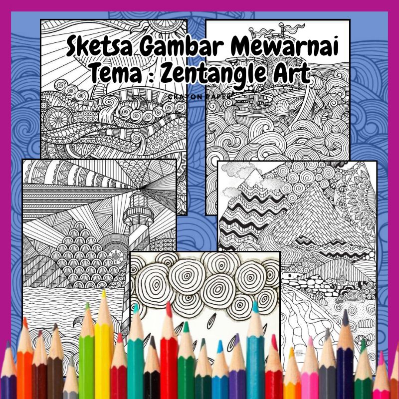 

50 Lembar Gambar Sketsa Mewarnai Tema Zentangle Art - Buku Mewarnai - Lembaran Mewarnai