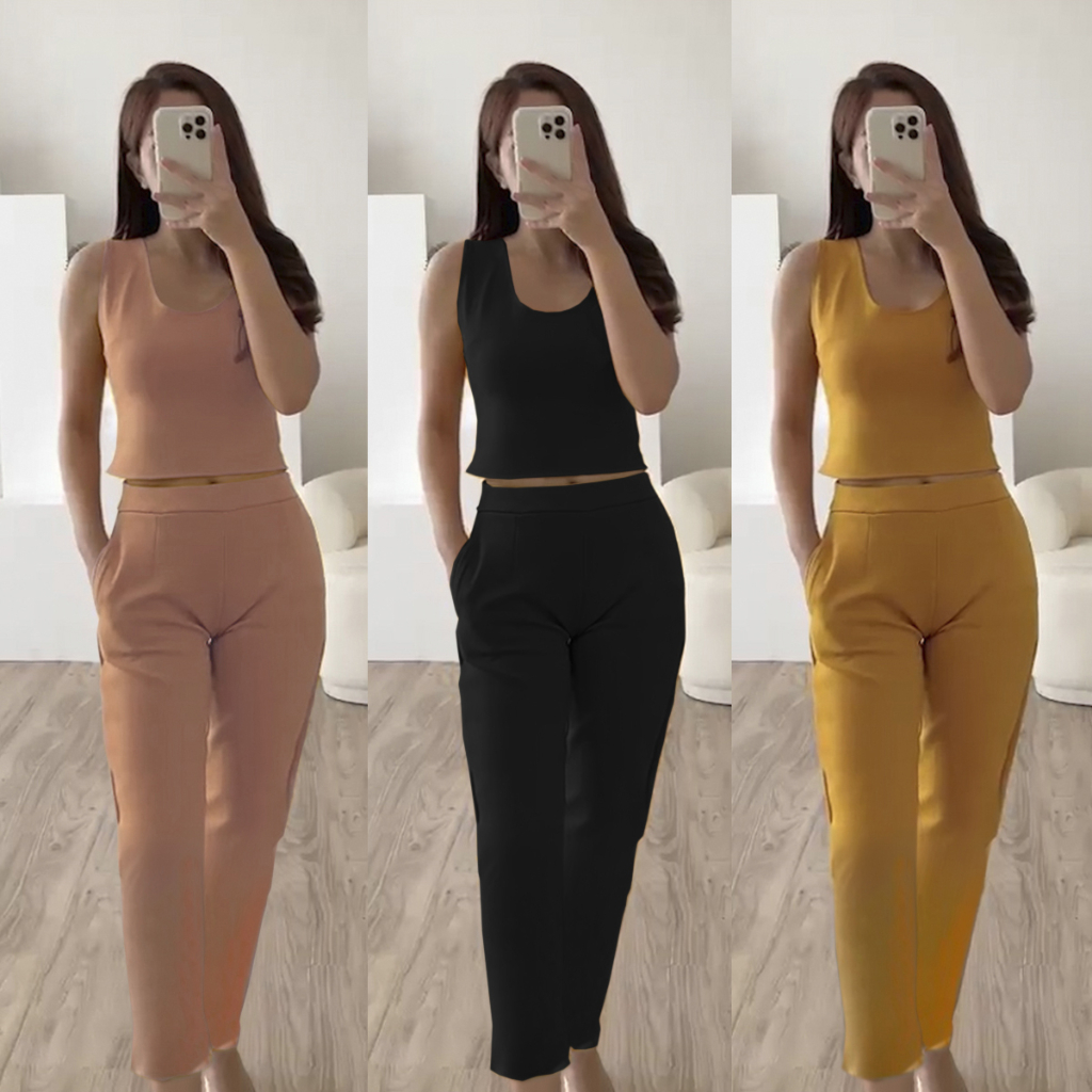1694 Setelan Joanna Celana Panjang Wanita 2 in 1 Atasan Crop Model Singlet -Baju Celana Stelan Wanit