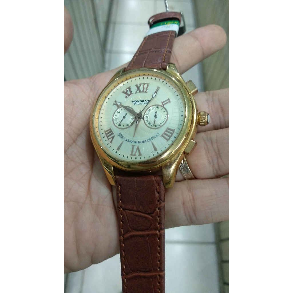 jam tangan pria montblanc gold quartz strap kulit jam klasik elegant fashionable chronograph