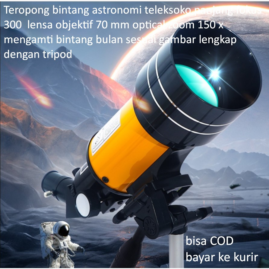 Teropong bintang astronomi teleksoko panjang fokus 300  lensa objektif 70 mm optical zoom 150 x meng