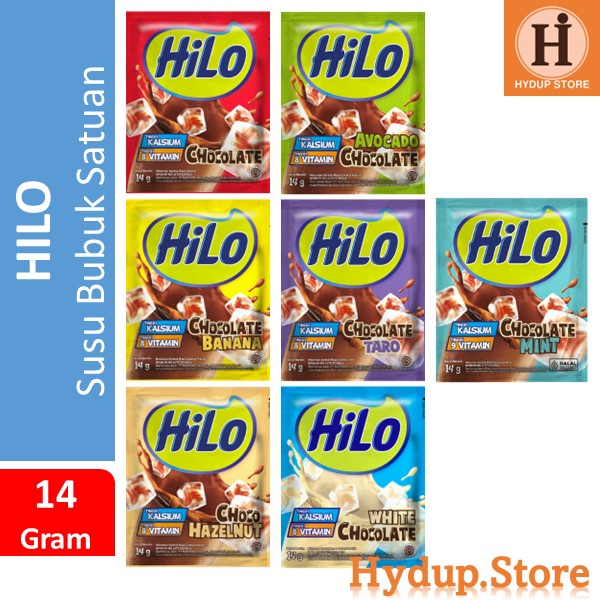 

Hilo Susu Sachset Satuan Chocolate White Taro Hazelnut Banana Avocado Mint Kemasan 14 Gram