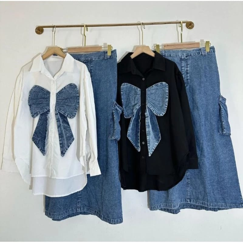 setelan wanita one set jeans / set wanita atasan dan rok / setelan wanita import / ribon one set rok