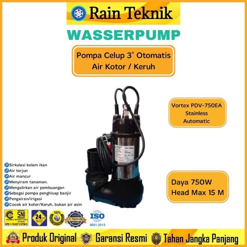 Pompa Celup WASSER Vortex PDV- 750EA Stainless 3 inch Otomatis 750 Watt / Pompa Celup Air Kotor Wass