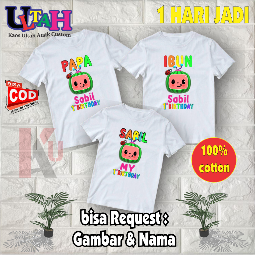 BAJU KAOS ULANG TAHUN COUPLE FAMILY / KELUARGA / KAOS FAMILY BIRTHDAY TEMA COCOMELON SEMANGKA - BISA
