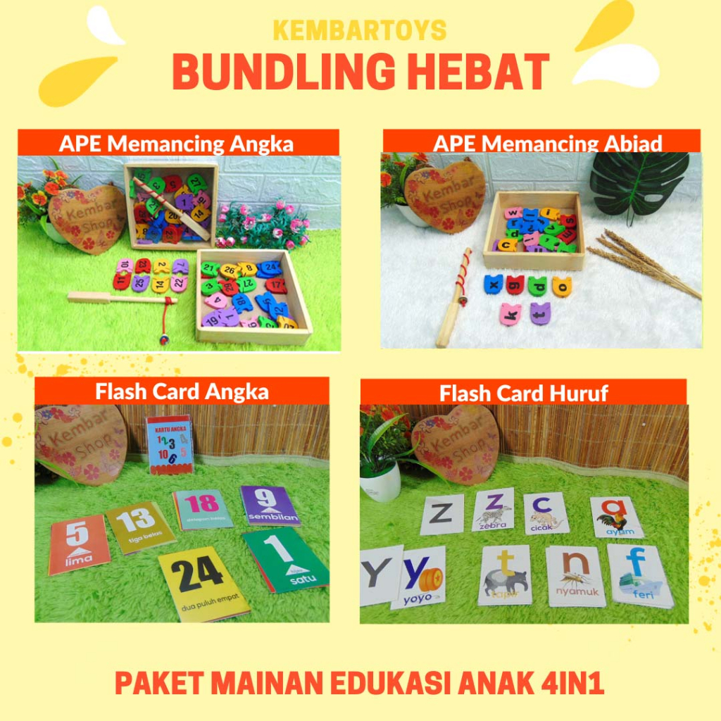 Pe10 Paket Edukasi Belajar Anak 4 In 1 Flash Card Abjad Kartu Belajar Angka Memancing Ikan Huruf