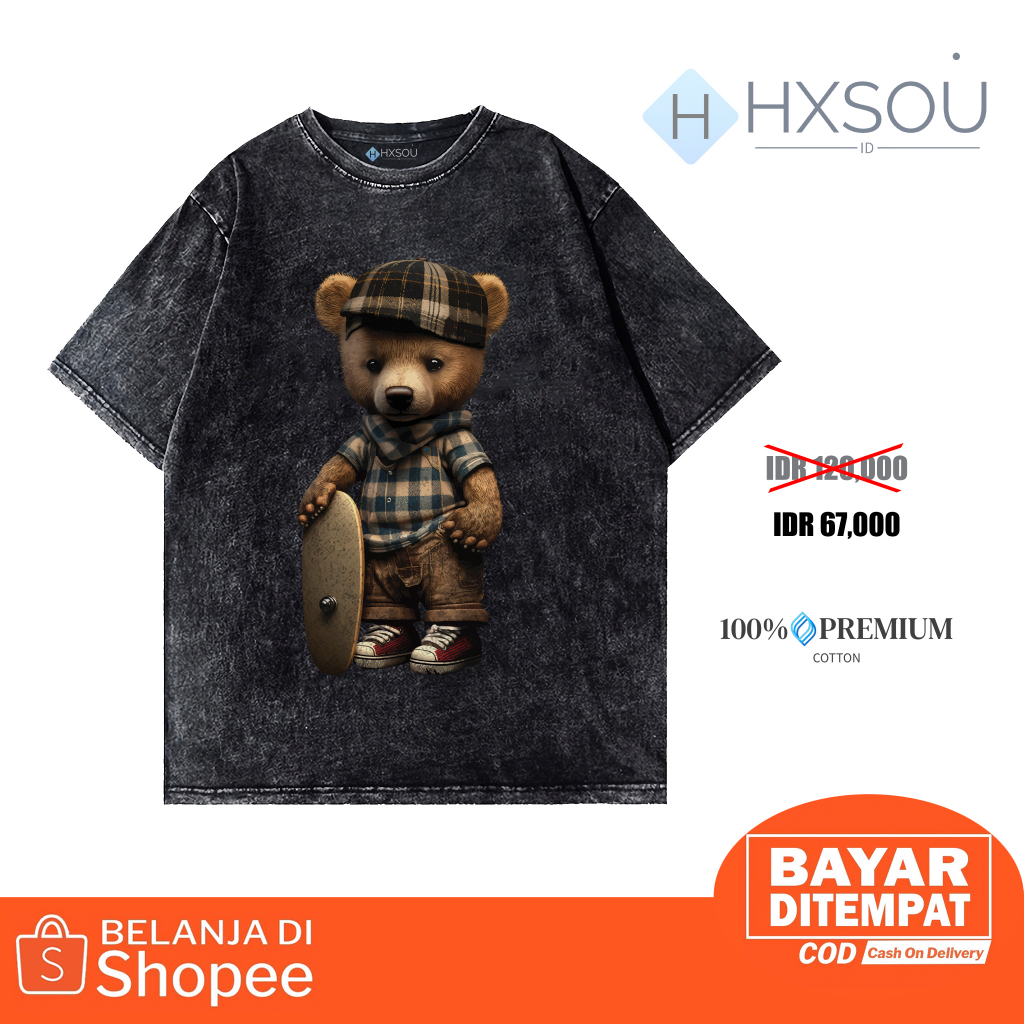 Hxsou T-shirt Oversize Unisex Washed / Baju Kaos Oversize Wash Bear C38