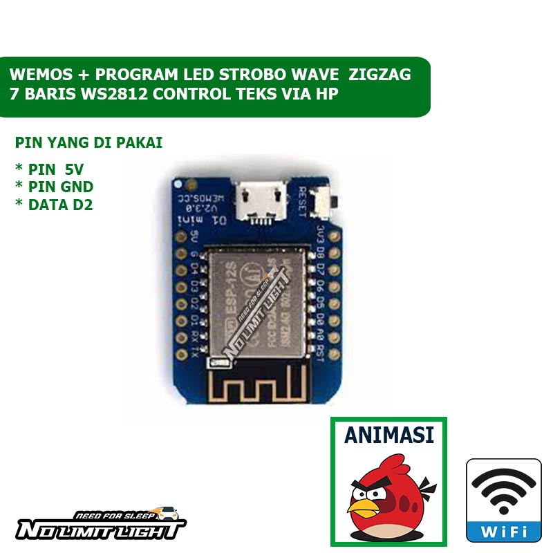 Chip Wemos Program Modul LED Strobo Wave Kaca Mobil Teks WI-FI 7 Baris LED Ws2812 Animasi Angrybird