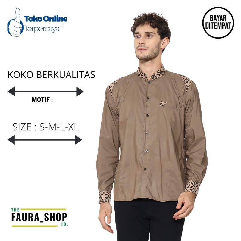 Faura - Baju Koko Pria Dewasa Lengan Panjang Kombinasi Batik Kemko Bara Warna Abu Hitam Putih Army M