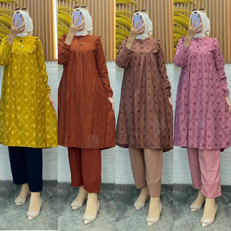 (Bisa COD) Setelan Wanita Long Tunik Premium/Setcel Bordir