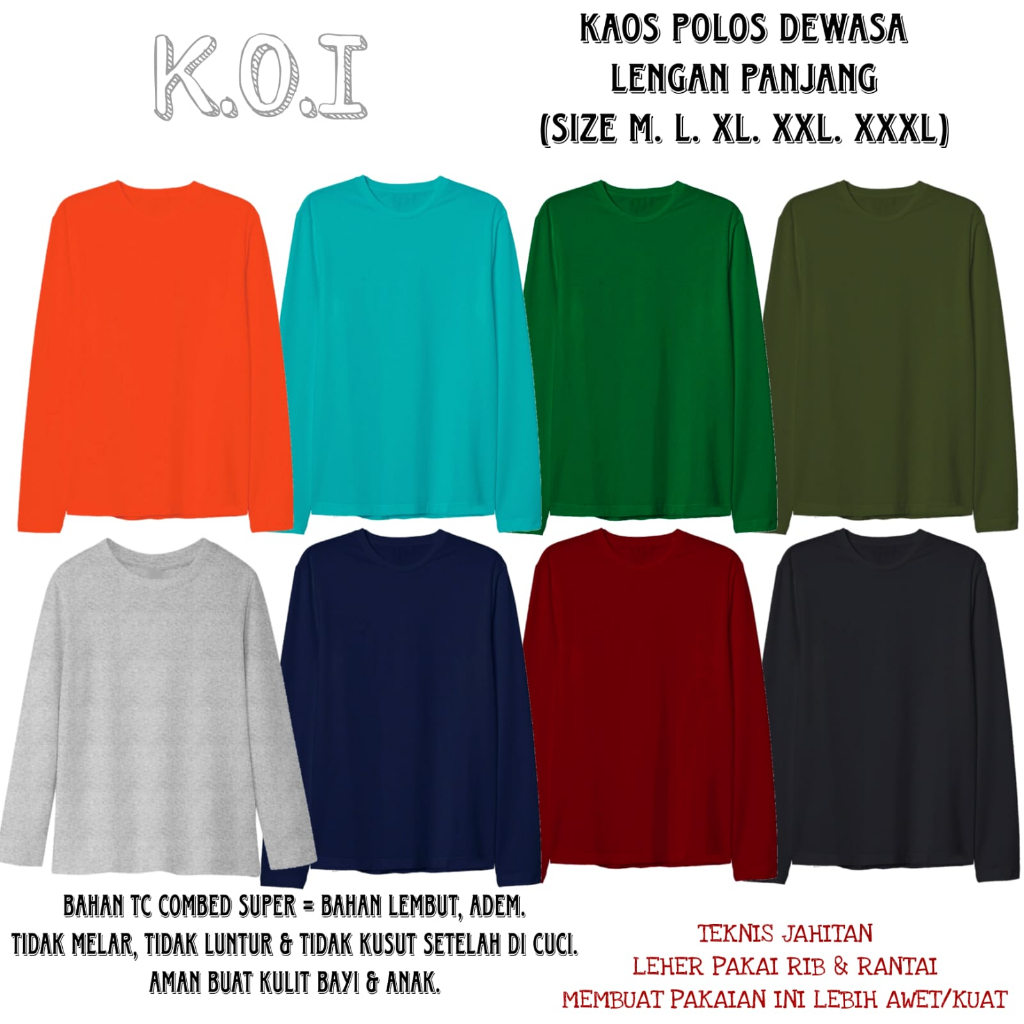 KOI - Baju Kaos Dewasa Polos Lengan Panjang - Atasan Kaos Dewasa Cowok Cewek