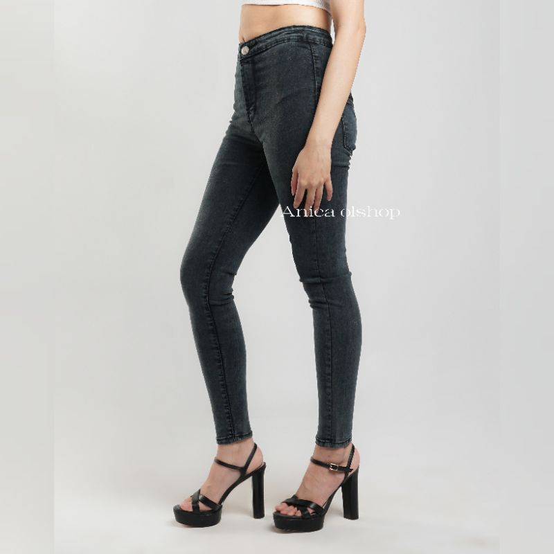 7C-G Celana Higwaist Polos Wanita Snow Black Celana Skinny Jeans Wanita