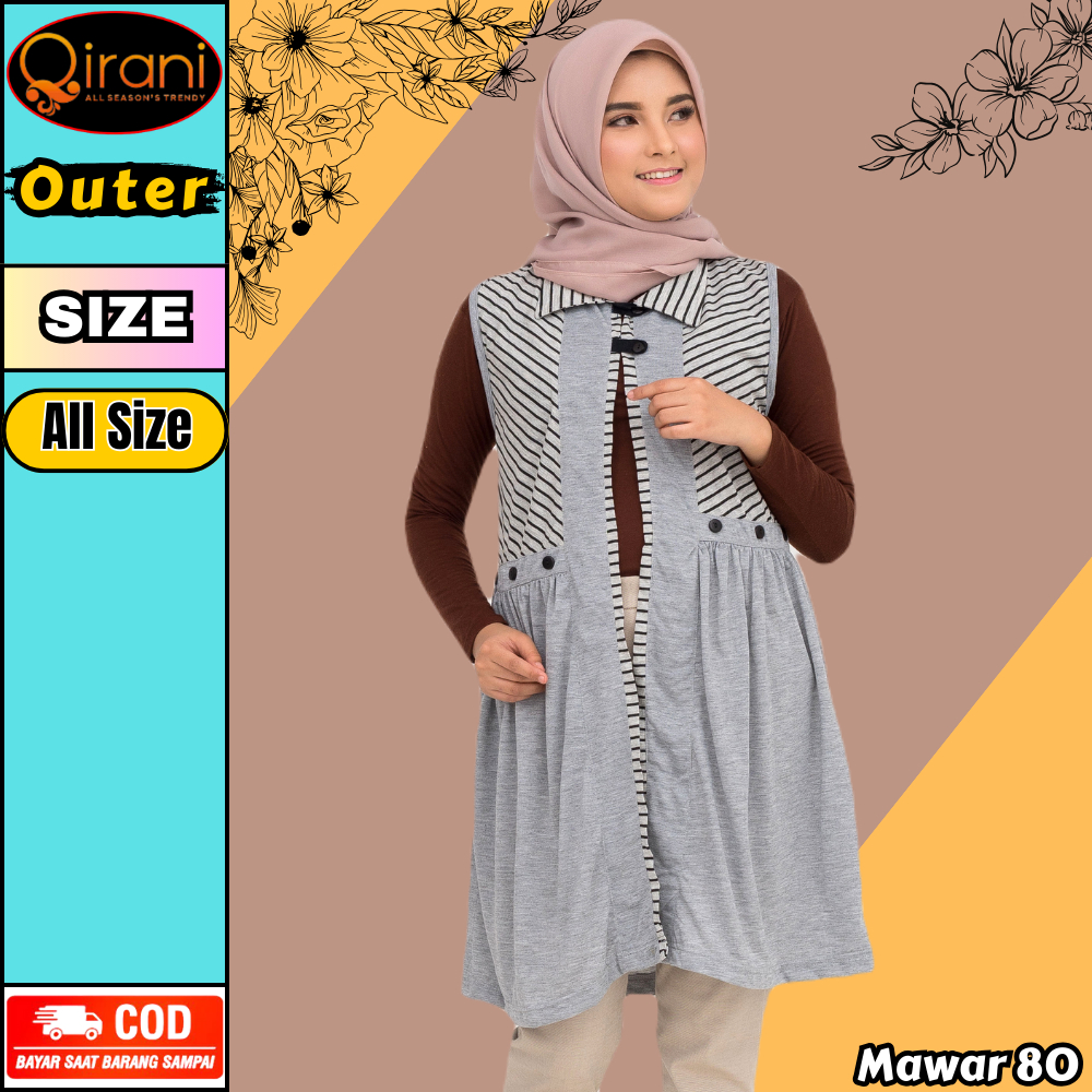 Baju Atasan Outer Cardigan Wanita Cewek Dewasa Panjang Tanpa Lengan Saku Kancing Qirani Mawar 80