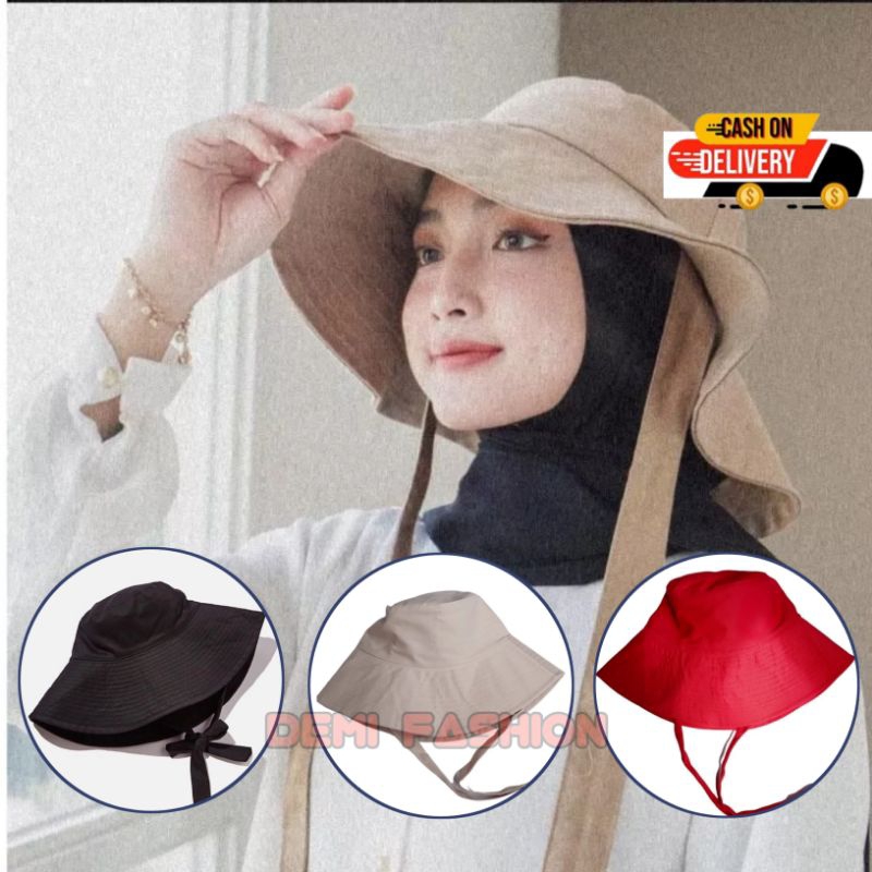 Topi Bucket Wide Selebgram Aksen Tali / Topi Bucket Hijab Muslimah Bordir Nama