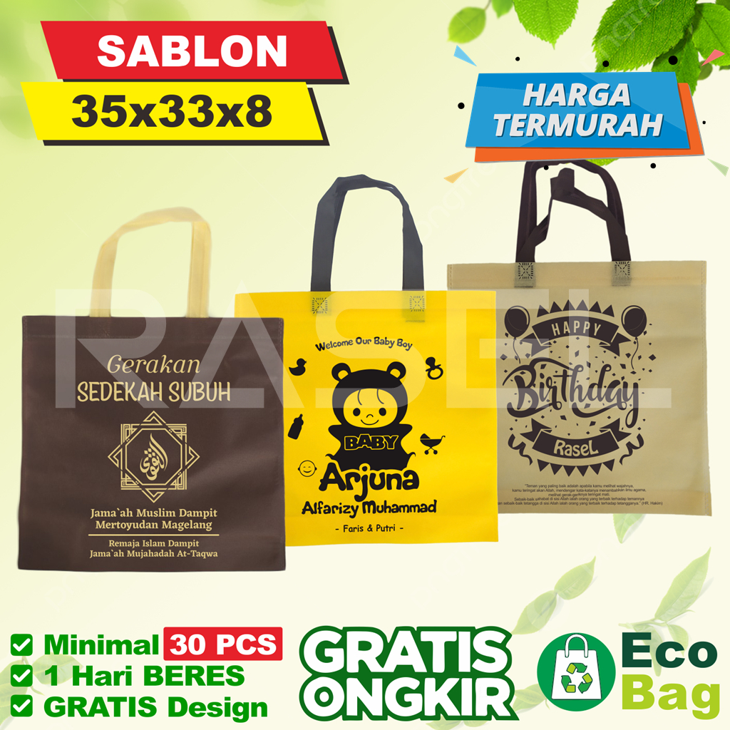 

Sablon tas 35x33x8 pernikahan syukuran lahiran pengajian tahlil ulang tahun ultah sablon custom