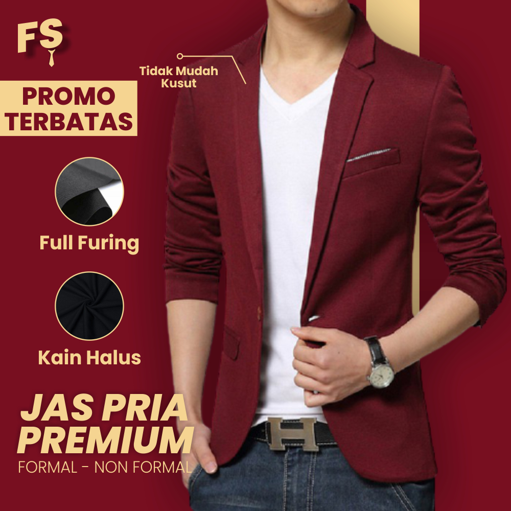 BLAZER JAS KOREA NIKAH WISUDA PENGANTIN PRIA SLIM FIT FORMAL - MAROON LIST PUTIH