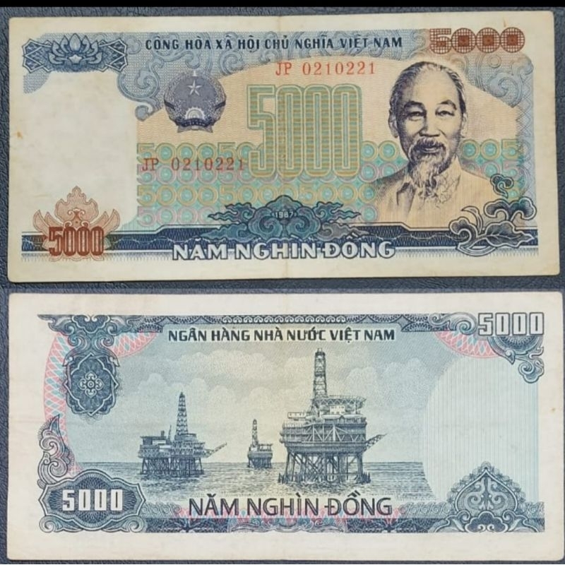 Uang kuno Negara Vietnam selatan 5000 Dong biru design bagus 1987 Kondisi AXF Original 100%