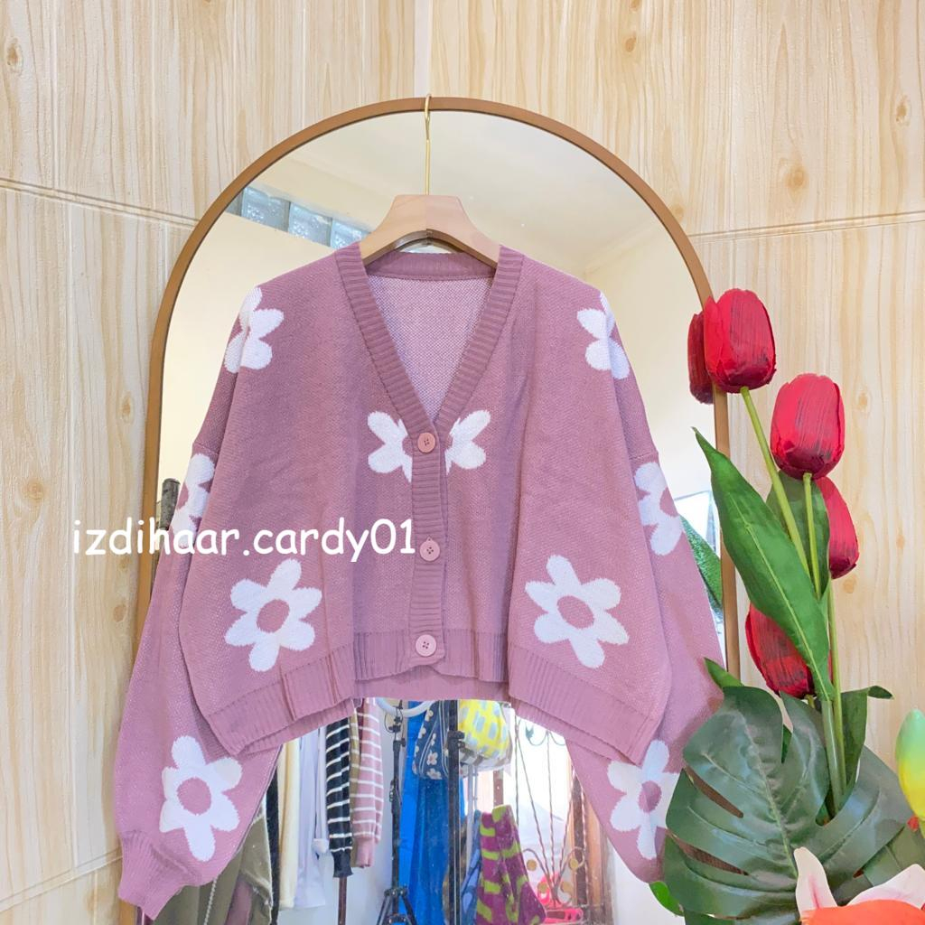 NADYA CROP CARDIGAN OVERSIZE RAJUT WANITA MOTIF BUNGA FULL KANCING