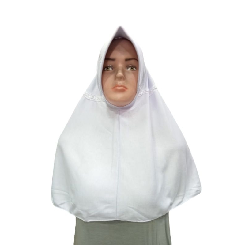 Bergo Sekolah pita serut putih, merah dan coklat Bergo Anak Sekolah