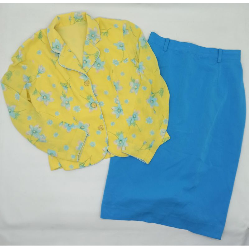 PRELOVED SET ATASAN LENGAN PANJANG & ROK MIDI WARNA BIRU KUNING