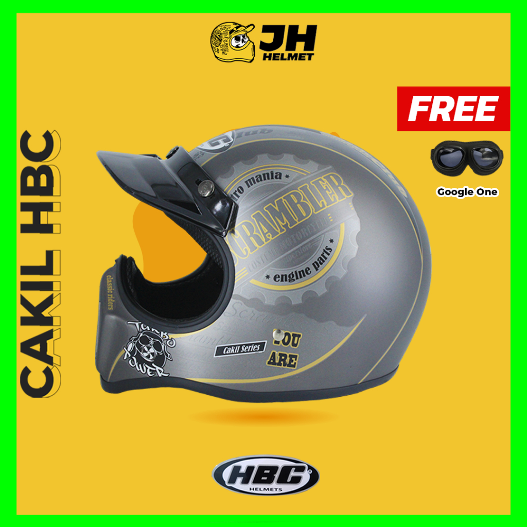 Helm Cakil HBC Scrambler Grey Doff + FREE GOGGLE | Original 100% | HBC Cakil | Helm Retro | Helm Ful