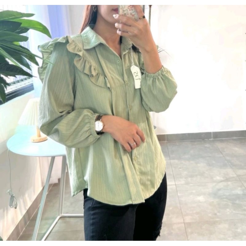 Ruffle Blouse Wanita Ruffle Crinkle Shirt Kemeja Peplum Baju Kantor Formal Kerja Cewek Kemeja Ruffle BabyDoll Tangan Panjang Kemeja Basic Polos Atasan Wanita Lengan Panjang Kancing Depan Longsleeve Shirt Casual shirt