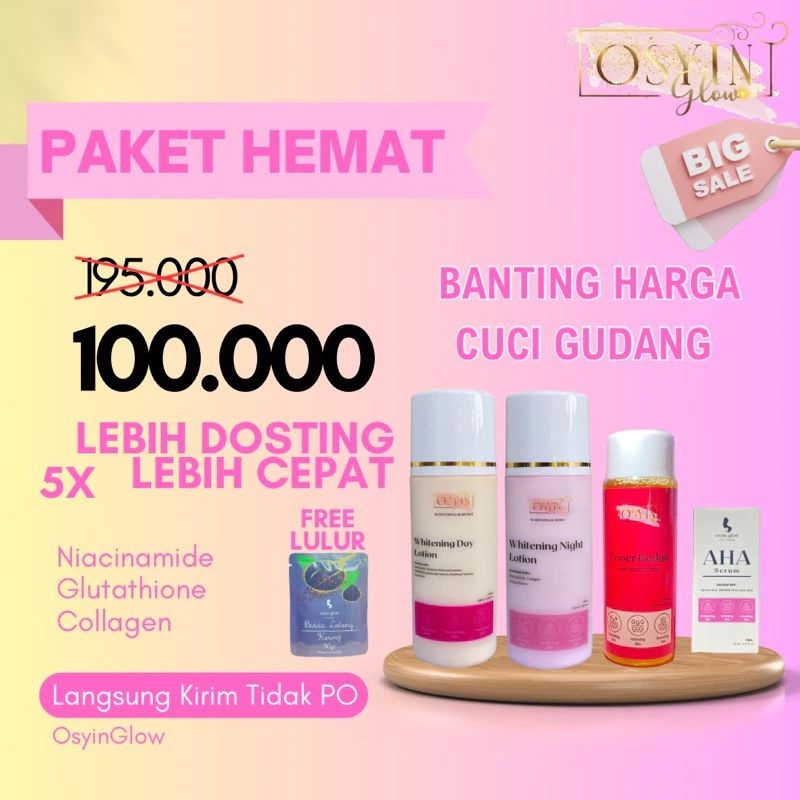 paket komplit OSYIN GLOW whitening formula baru 5× lebih cepat + lulur