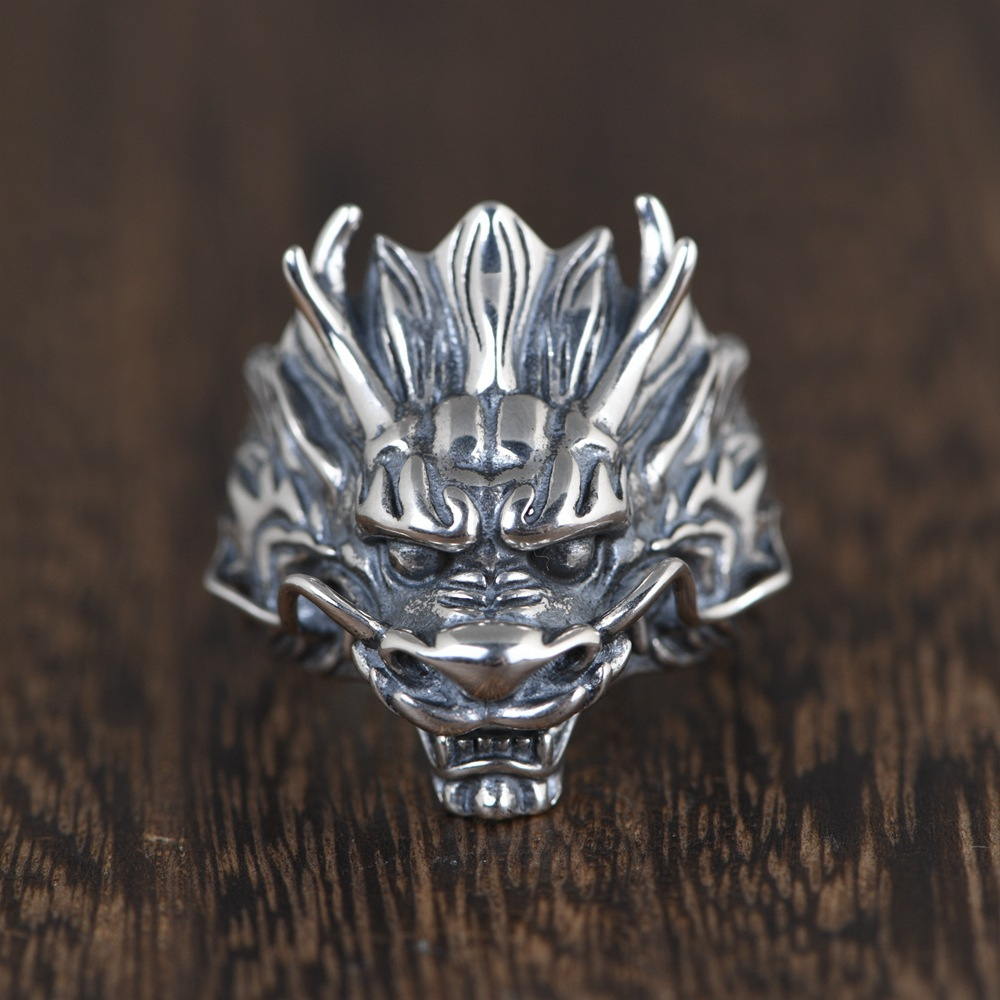 Cincin Naga Berkumis S925 / Cincin Kepala Naga Silver Unik Keren Bahan Perak Sterling / Dragon Head 