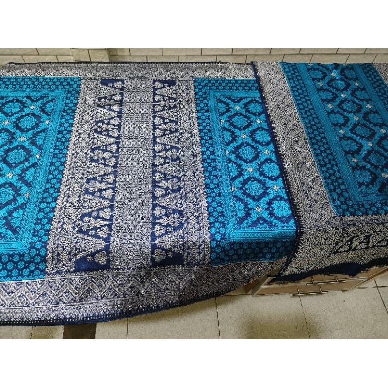 Songket Palembang Asli Motif Bunga Cina Sutera Rayon Warna Biru
