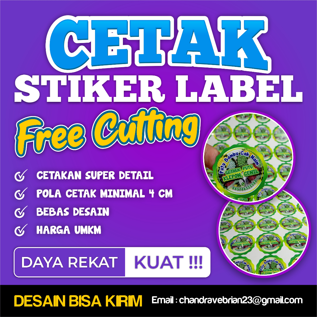 

Cetak Stiker Label Kemasan / Stiker makanan FREE Cutting ukuran A3+ FREE Design / LABEL UMKM