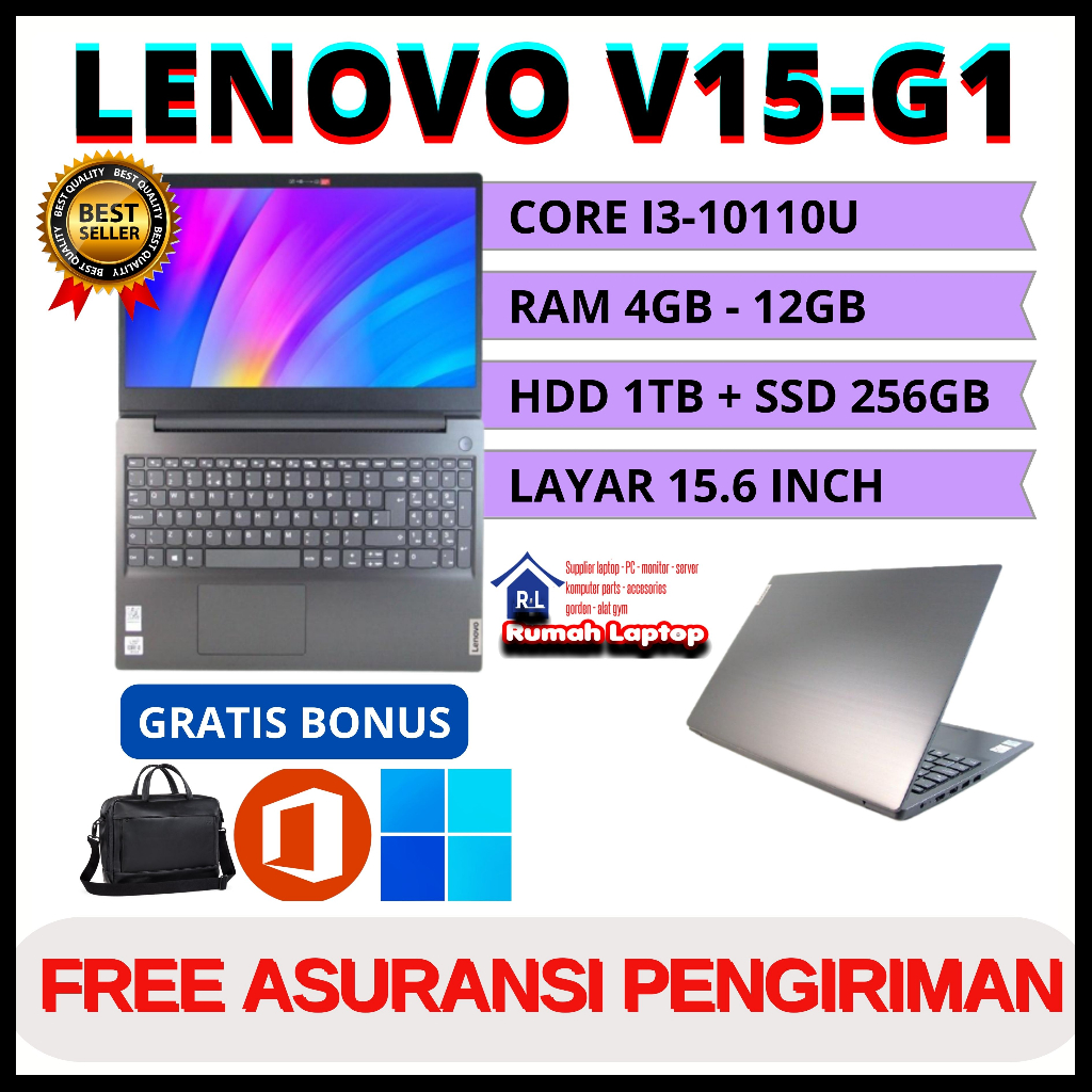 PROMO Laptop Lenovo V15-G1 Iml Core I3-10110u Ram 12gb Ssd 256gb M.2 Nvme + Hdd 1tb 15.6 Inch Baru Murah