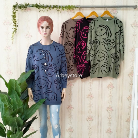 Jumbo Sweater rajut / atasan wanita blouse import motif wajah terbaru