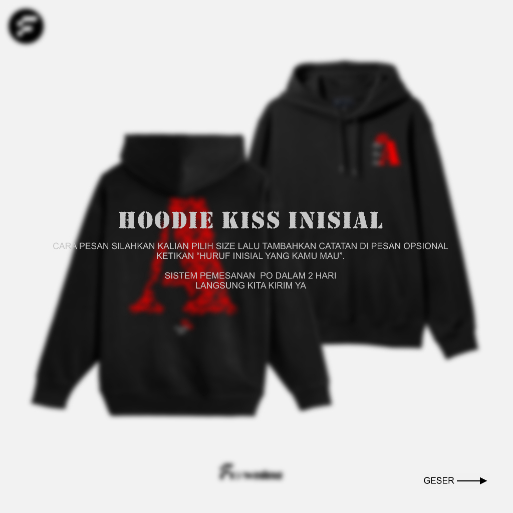 Hoodie Frowning | Hoodie Kiss Huruf Inisial Nama Hitam | Kaos Inisial