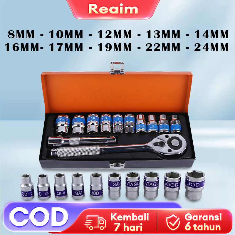 Reaim Obeng Kunci Socket Set 12 Pcs Socket 8MM 10MM 12MM 13MM 14MM 16MM 17MM 19MM 22MM 24MM Ratchet Spanner Obeng set Box Besi