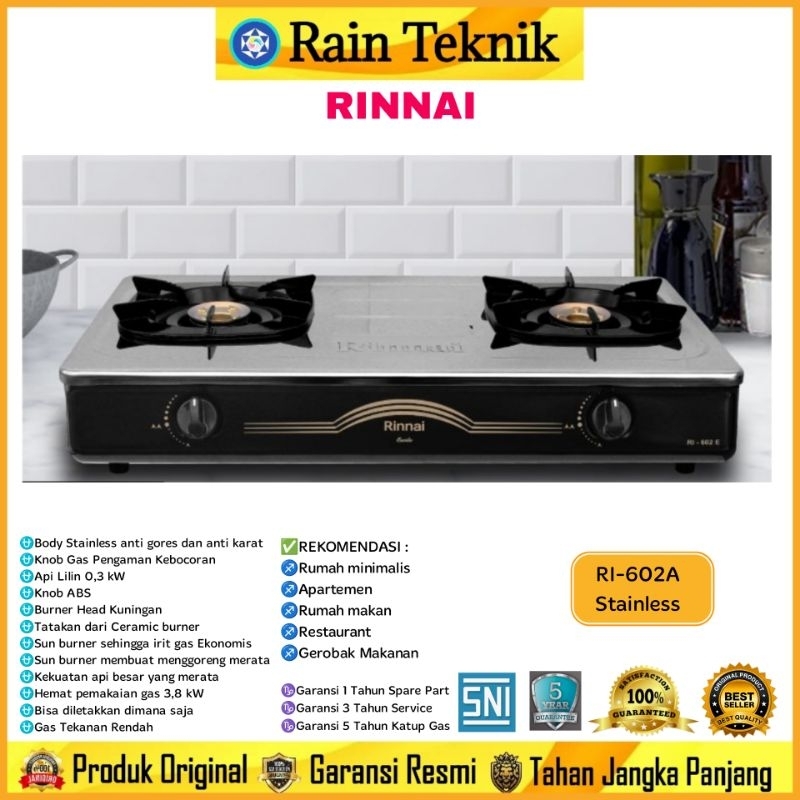 Kompor Gas Rinnai RI-602A Stainless (2 Tungku) Api Lilin / Kompor Gas Rumah Anti Gores Rinnai RI- 60