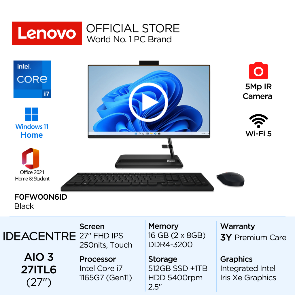 Lenovo PC IdeaCentre AIO 3i 27ITL6 Intel Core i7 1165G7 Win11 16GB 512GB SSD 1TB HDD 27" FHD IPS 250