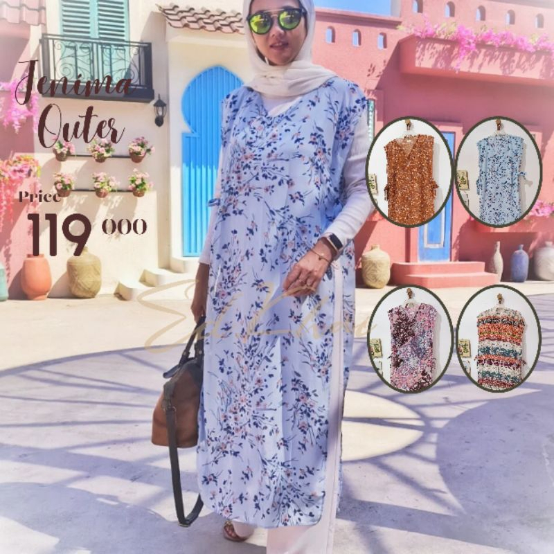 pakaian luaran wanita vest panjang jemima long outer rompi motif bunga etnik klasik