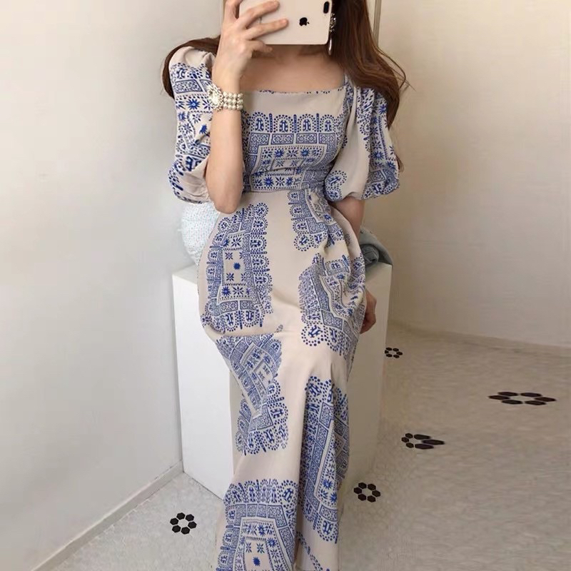 Dress Wanita Gaun Korea Vintage Retro Import Midi Dress Sabrina