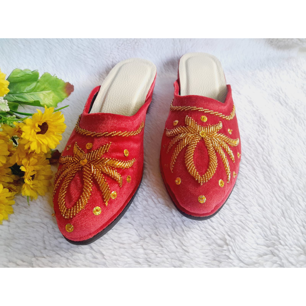 Selop Pengantin Custom Baham Bludru Premium Warna Merah