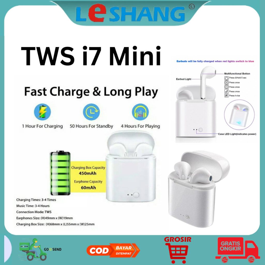 Headset Bluetooth TWS i7mini Wireless Earphone Dual Ear Headset Wireless dengan Kotak Charger - COD